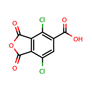 Chemical structure of 4,7-dichloro-1,3-dioxo-isobenzofuran-5-carboxylic acid , CAS 81742-10-1, AChemBlock X190121