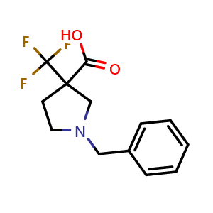 Chemical structure of 1-benzyl-3-(trifluoromethyl)pyrrolidine-3-carboxylic acid , CAS 186203-08-7, AChemBlock X190128