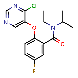Chemical structure of 2-(4-chloropyrimidin-5-yl)oxy-N-ethyl-5-fluoro-N-isopropyl-benzamide , CAS 2169923-04-8, AChemBlock X190187