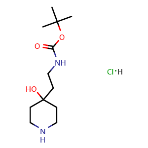 Chemical structure of tert-butyl N-[2-(4-hydroxy-4-piperidyl)ethyl]carbamate hydrochloride , AChemBlock X190197