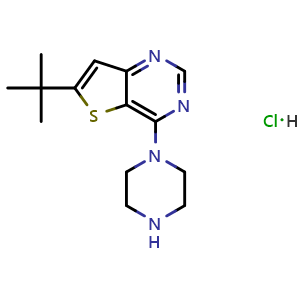 Chemical structure of 6-tert-butyl-4-piperazin-1-yl-thieno[3,2-d]pyrimidine hydrochloride , CAS 2940956-26-1, AChemBlock X190212