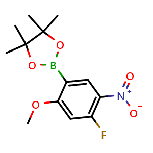 Chemical structure of 2-(4-fluoro-2-methoxy-5-nitro-phenyl)-4,4,5,5-tetramethyl-1,3,2-dioxaborolane , CAS 2488604-79-9, AChemBlock X190217
