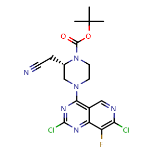 Chemical structure of tert-butyl (2S)-2-(cyanomethyl)-4-(2,7-dichloro-8-fluoro-pyrido[4,3-d]pyrimidin-4-yl)piperazine-1-carboxylate , CAS 2454396-81-5, AChemBlock X190227