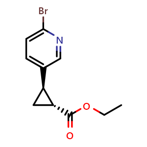 Chemical structure of ethyl (1R,2R)-2-(6-bromo-3-pyridyl)cyclopropanecarboxylate , CAS 2166250-51-5, AChemBlock X190231