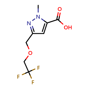Chemical structure of 2-methyl-5-(2,2,2-trifluoroethoxymethyl)pyrazole-3-carboxylic acid , CAS 2821785-93-5, AChemBlock X190281