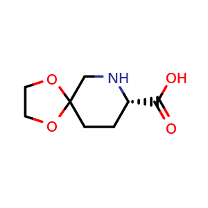 Chemical structure of (8S)-1,4-dioxa-9-azaspiro[4.5]decane-8-carboxylic acid , CAS 1234692-61-5, AChemBlock X190286