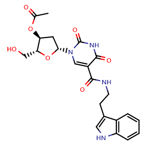 Chemical structure of [(2R,3S,5R)-2-(hydroxymethyl)-5-[5-[2-(1H-indol-3-yl)ethylcarbamoyl]-2,4-dioxo-pyrimidin-1-yl]tetrahydrofuran-3-yl] acetate , CAS 1219931-00-6, AChemBlock X190295