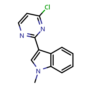 Chemical structure of 3-(4-chloropyrimidin-2-yl)-1-methyl-indole , CAS 2364486-23-5, AChemBlock X190297