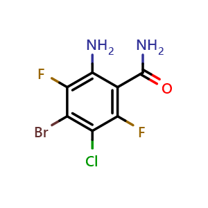 Chemical structure of 2-amino-4-bromo-5-chloro-3,6-difluoro-benzamide , CAS 2820536-72-7, AChemBlock X190298