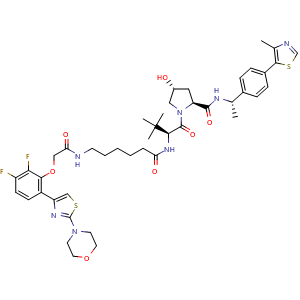Chemical structure of (2S,4R)-1-[(2S)-2-[6-[[2-[2,3-difluoro-6-(2-morpholinothiazol-4-yl)phenoxy]acetyl]amino]hexanoylamino]-3,3-dimethyl-butanoyl]-4-hydroxy-N-[(1S)-1-[4-(4-methylthiazol-5-yl)phenyl]ethyl]pyrrolidine-2-carboxamide , CAS 2488296-78-0, AChemBlock X190322
