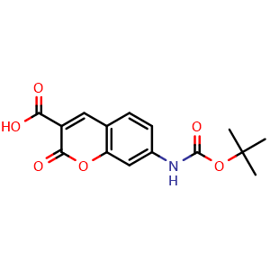 Chemical structure of 7-(tert-butoxycarbonylamino)-2-oxo-chromene-3-carboxylic acid , CAS 1872220-16-0, AChemBlock X190323