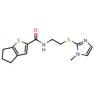 Chemical structure of N-[2-(1-methylimidazol-2-yl)sulfanylethyl]-5,6-dihydro-4H-cyclopenta[b]thiophene-2-carboxamide , CAS 923735-62-0, AChemBlock X190332
