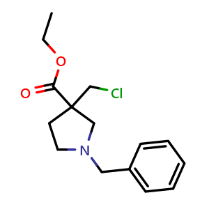 Chemical structure of ethyl 1-benzyl-3-(chloromethyl)pyrrolidine-3-carboxylate , CAS 2654084-03-2, AChemBlock X190356