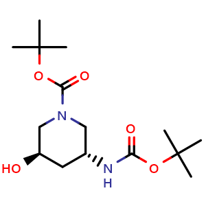 Chemical structure of tert-butyl (3R,5R)-3-(tert-butoxycarbonylamino)-5-hydroxy-piperidine-1-carboxylate , CAS 2940872-16-0, AChemBlock X190363