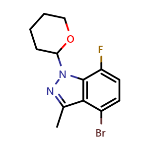 Chemical structure of 4-bromo-7-fluoro-3-methyl-1-tetrahydropyran-2-yl-indazole , CAS 2940944-29-4, AChemBlock X190365