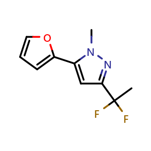 Chemical structure of 3-(1,1-difluoroethyl)-5-(2-furyl)-1-methyl-pyrazole , CAS 1024599-24-3, AChemBlock X190398