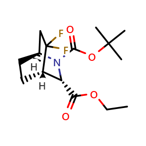 Chemical structure of O2-tert-butyl O3-ethyl (1S,3S,4S)-5,5-difluoro-2-azabicyclo[2.2.2]octane-2,3-dicarboxylate , CAS 2380651-53-4, AChemBlock X190436