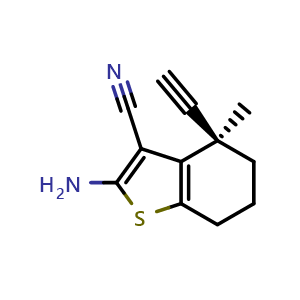 Chemical structure of (4R)-2-amino-4-ethynyl-4-methyl-6,7-dihydro-5H-benzothiophene-3-carbonitrile , CAS 2749965-89-5, AChemBlock X190470
