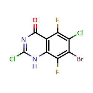 Chemical structure of 7-bromo-2,6-dichloro-5,8-difluoro-1H-quinazolin-4-one , CAS 2820536-73-8, AChemBlock X190483