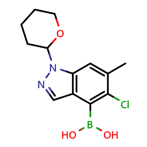 Chemical structure of (5-chloro-6-methyl-1-tetrahydropyran-2-yl-indazol-4-yl)boronic acid , AChemBlock X190492