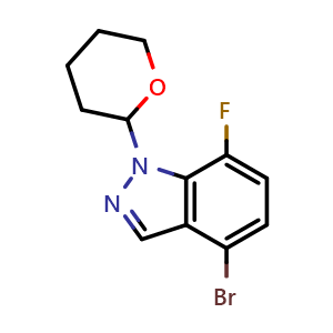 Chemical structure of 4-bromo-7-fluoro-1-tetrahydropyran-2-yl-indazole , CAS 2056937-83-6, AChemBlock X190497
