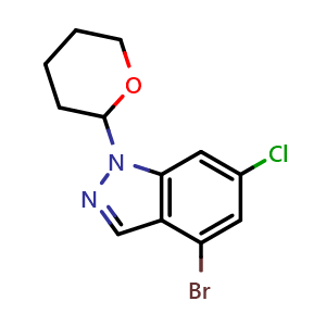 Chemical structure of 4-bromo-6-chloro-1-tetrahydropyran-2-yl-indazole , CAS 1988729-24-3, AChemBlock X190498