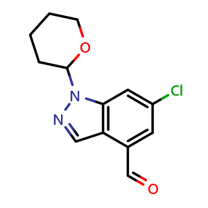 Chemical structure of 6-chloro-1-tetrahydropyran-2-yl-indazole-4-carbaldehyde , CAS 2940957-41-3, AChemBlock X190500