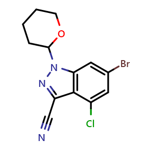 Chemical structure of 6-bromo-4-chloro-1-tetrahydropyran-2-yl-indazole-3-carbonitrile , CAS 2940949-38-0, AChemBlock X190504