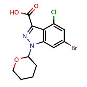 Chemical structure of 6-bromo-4-chloro-1-tetrahydropyran-2-yl-indazole-3-carboxylic acid , CAS 2940946-42-7, AChemBlock X190505