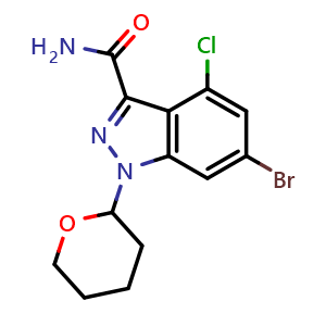 Chemical structure of 6-bromo-4-chloro-1-tetrahydropyran-2-yl-indazole-3-carboxamide , CAS 2940941-58-0, AChemBlock X190506