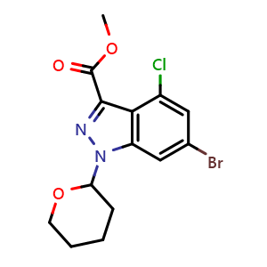 Chemical structure of methyl 6-bromo-4-chloro-1-tetrahydropyran-2-yl-indazole-3-carboxylate , CAS 2940936-26-3, AChemBlock X190507