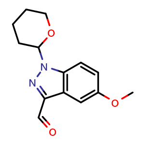 Chemical structure of 5-methoxy-1-tetrahydropyran-2-yl-indazole-3-carbaldehyde , CAS 2940936-82-1, AChemBlock X190512