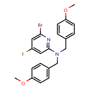 Chemical structure of 6-bromo-4-fluoro-N,N-bis[(4-methoxyphenyl)methyl]pyridin-2-amine , CAS 2940941-64-8, AChemBlock X190524