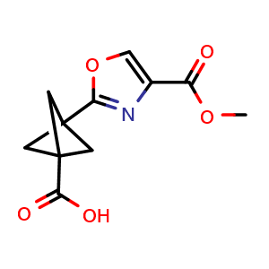 Chemical structure of 3-(4-methoxycarbonyloxazol-2-yl)bicyclo[1.1.1]pentane-1-carboxylic acid , CAS 1980053-58-4, AChemBlock X190528