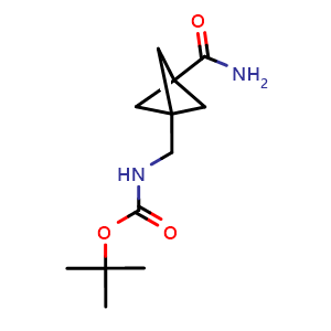 Chemical structure of tert-butyl N-[(3-carbamoyl-1-bicyclo[1.1.1]pentanyl)methyl]carbamate , CAS 2940957-69-5, AChemBlock X190534