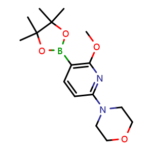 Chemical structure of 4-[6-methoxy-5-(4,4,5,5-tetramethyl-1,3,2-dioxaborolan-2-yl)pyridin-2-yl]morpholine , CAS 1883761-43-0, AChemBlock X190535