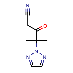 Chemical structure of 4-methyl-3-oxo-4-(triazol-2-yl)pentanenitrile , CAS 2170180-18-2, AChemBlock X190559