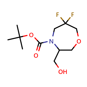 Chemical structure of tert-butyl 6,6-difluoro-3-(hydroxymethyl)-1,4-oxazepane-4-carboxylate , CAS 2940945-67-3, AChemBlock X190574