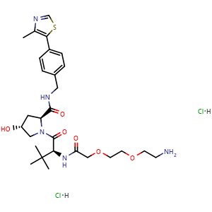 Chemical structure of (2S,4R)-1-((S)-2-(2-(2-(2-aminoethoxy)ethoxy)acetamido)-3,3-dimethylbutanoyl)-4-hydroxy-N-(4-(4-methylthiazol-5-yl)benzyl)pyrrolidine-2-carboxamide dihydrochloride , CAS 2341796-76-5, AChemBlock X190644
