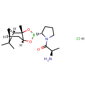 Chemical structure of (R)-2-amino-1-((R)-2-((3aS,4S,6S,7aR)-3a,5,5-trimethylhexahydro-4,6-methanobenzo[d][1,3,2]dioxaborol-2-yl)pyrrolidin-1-yl)propan-1-one hydrochloride , CAS 2715114-00-2, AChemBlock X190662