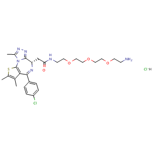 Chemical structure of (S)-N-(2-(2-(2-(2-aminoethoxy)ethoxy)ethoxy)ethyl)-2-(4-(4-chlorophenyl)-2,3,9-trimethyl-6H-thieno[3,2-f][1,2,4]triazolo[4,3-a][1,4]diazepin-6-yl)acetamide hydrochloride , CAS 2241669-80-5, AChemBlock X190666