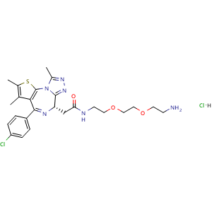 Chemical structure of (S)-N-(2-(2-(2-aminoethoxy)ethoxy)ethyl)-2-(4-(4-chlorophenyl)-2,3,9-trimethyl-6H-thieno[3,2-f][1,2,4]triazolo[4,3-a][1,4]diazepin-6-yl)acetamide hydrochloride , CAS 2403647-72-1, AChemBlock X190667