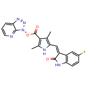 Chemical structure of 3H-[1,2,3]triazolo[4,5-b]pyridin-3-yl (Z)-5-((5-fluoro-2-oxoindolin-3-ylidene)methyl)-2,4-dimethyl-1H-pyrrole-3-carboxylate , CAS 452105-55-4, AChemBlock X190673