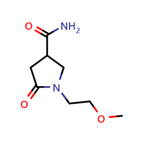 Chemical structure of 1-(2-Methoxyethyl)-2-oxopyrrolidine-4-carboxamide , CAS 910443-50-4, AChemBlock X190744