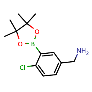 Chemical structure of (4-chloro-3-(4,4,5,5-tetramethyl-1,3,2-dioxaborolan-2-yl)phenyl)methanamine , CAS 1544673-71-3, AChemBlock X190916