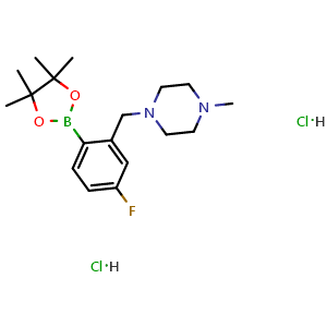 Chemical structure of 1-(5-fluoro-2-(4,4,5,5-tetramethyl-1,3,2-dioxaborolan-2-yl)benzyl)-4-methylpiperazine dihydrochloride , CAS 2096340-30-4, AChemBlock X190966