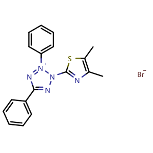 Chemical structure of 2-(4,5-Dimethyl-2-thiazolyl)-3,5-diphenyl-2H-tetrazol-3-ium Bromide , CAS 298-93-1, AChemBlock X191079