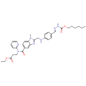 Chemical structure of Hexyl 2-[4-[[[5-[(3-Ethoxy-3-oxopropyl)(2-pyridyl)carbamoyl]-1-methyl-2-benzimidazolyl]methyl]amino]benzylidene]hydrazinecarboxylate , CAS 211915-06-9, AChemBlock X191530