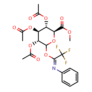 Chemical structure of (2S,3S,4S,5R)-2-(Methoxycarbonyl)-6-[2,2,2-trifluoro-1-(phenylimino)ethoxy]tetrahydropyran-3,4,5-triyl Triacetate , CAS 869996-05-4, AChemBlock X191665