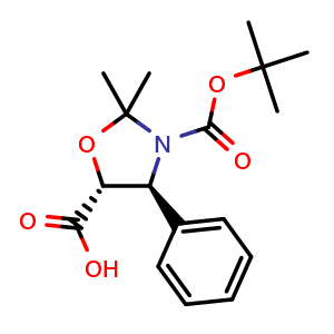 Chemical structure of (4S,5R)-3-Boc-2,2-dimethyl-4-phenyloxazolidine-5-carboxylic acid , CAS 143527-70-2, AChemBlock X192187